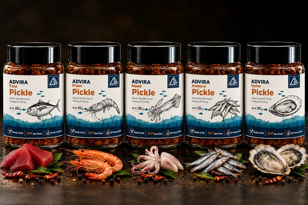 ADVIRA Handcrafted Coastal Seafood Pickles Collection - Jars of Tuna, Anchovy, Prawn, Squid, and Oyster Pickles