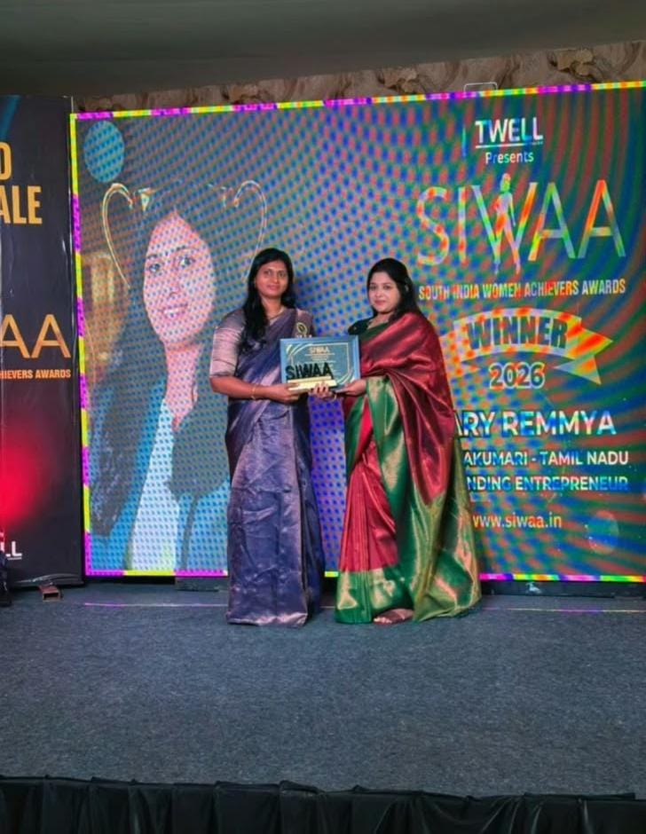 Mary Remya receiving the South India Women Achievers Award (SIWAA) 2026 for ADVIRA FOODS